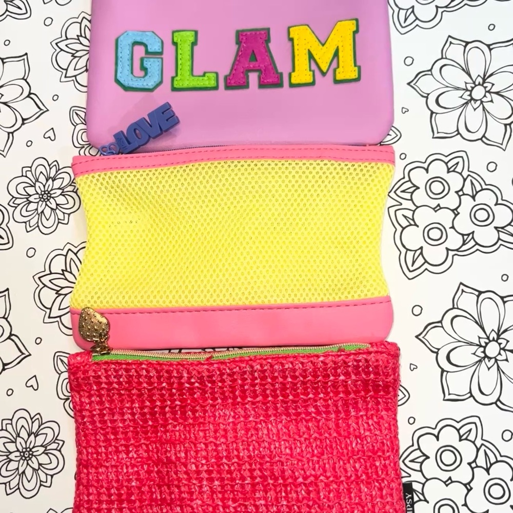 ipsy Glam Bag Set - Pink, Yellow, LOVE Zipper Red Strawberry Zipper